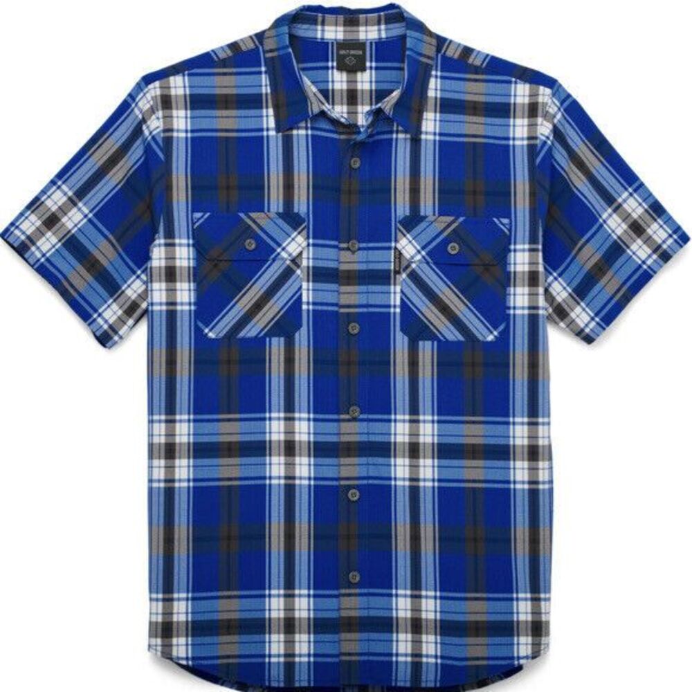 Harley-Davidson®‎ Foundation Ripstop Men Short Sleeve Blue Plaid Shirt New $76 M